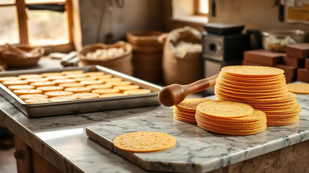 Small-batch Karauli gazak manufacturing workshop — trays of freshly cut til-gud gazak slabs and stacked tilpatti discs cooling on a marble slab, with sacks of white sesame and blocks of jaggery in the background