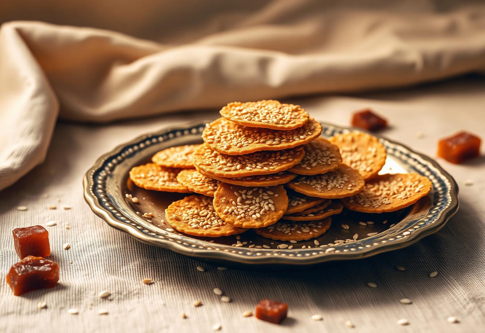 Stack of golden-brown til-gud tilpatti discs from Karauli, Rajasthan on a brass thali with scattered sesame seeds and jaggery