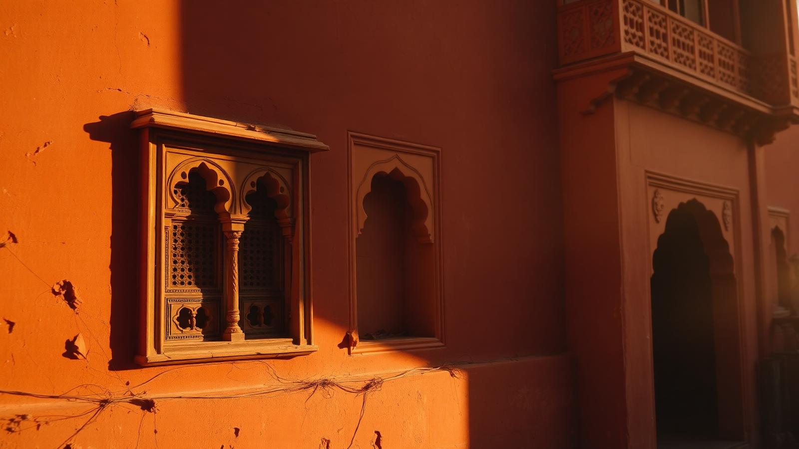 Warm red-sandstone haveli with a traditional jharokha window in Karauli, Rajasthan