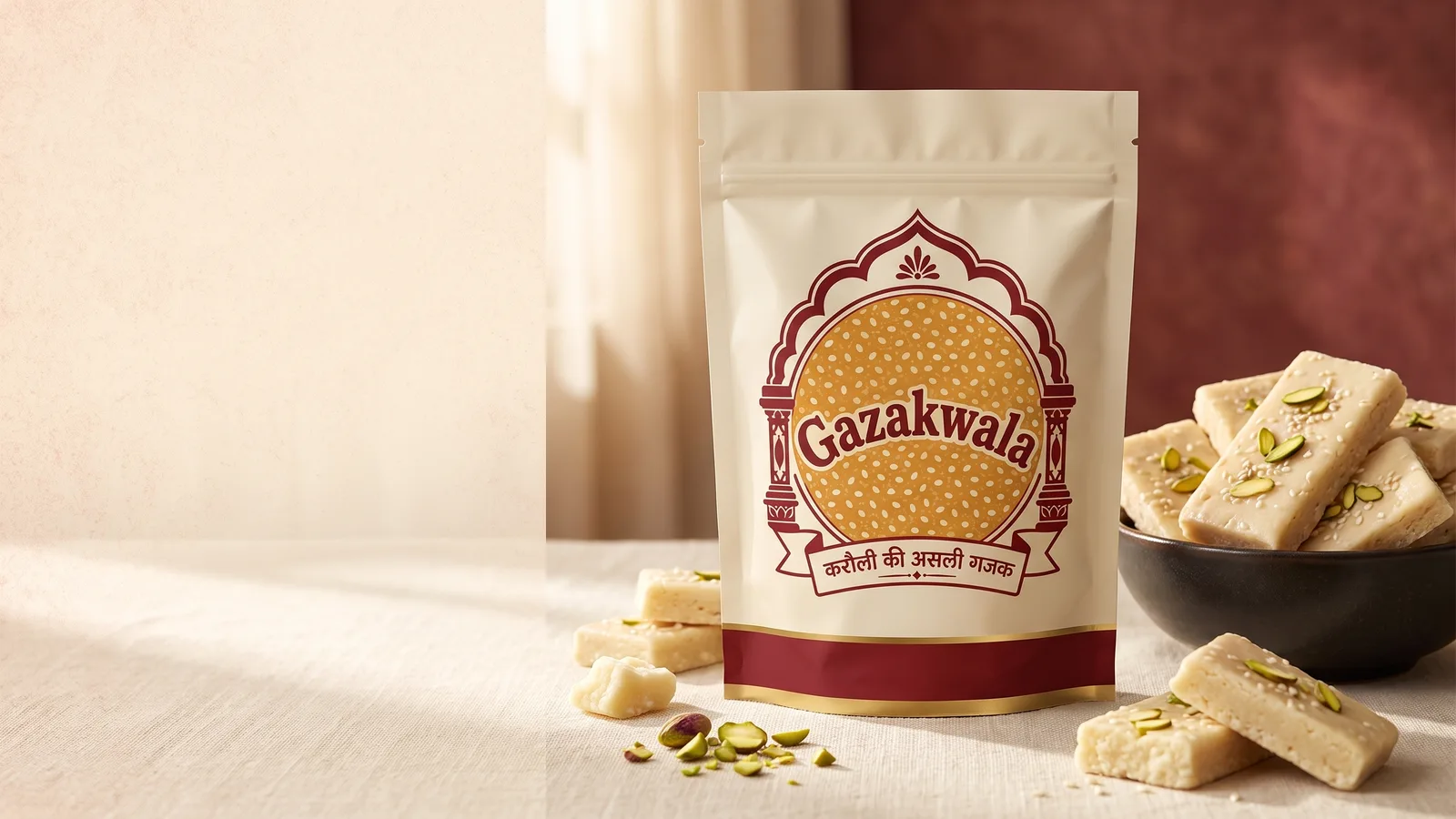 Pale cream malai chikki bars topped with pistachio in a bowl beside a branded Gazakwala pouch