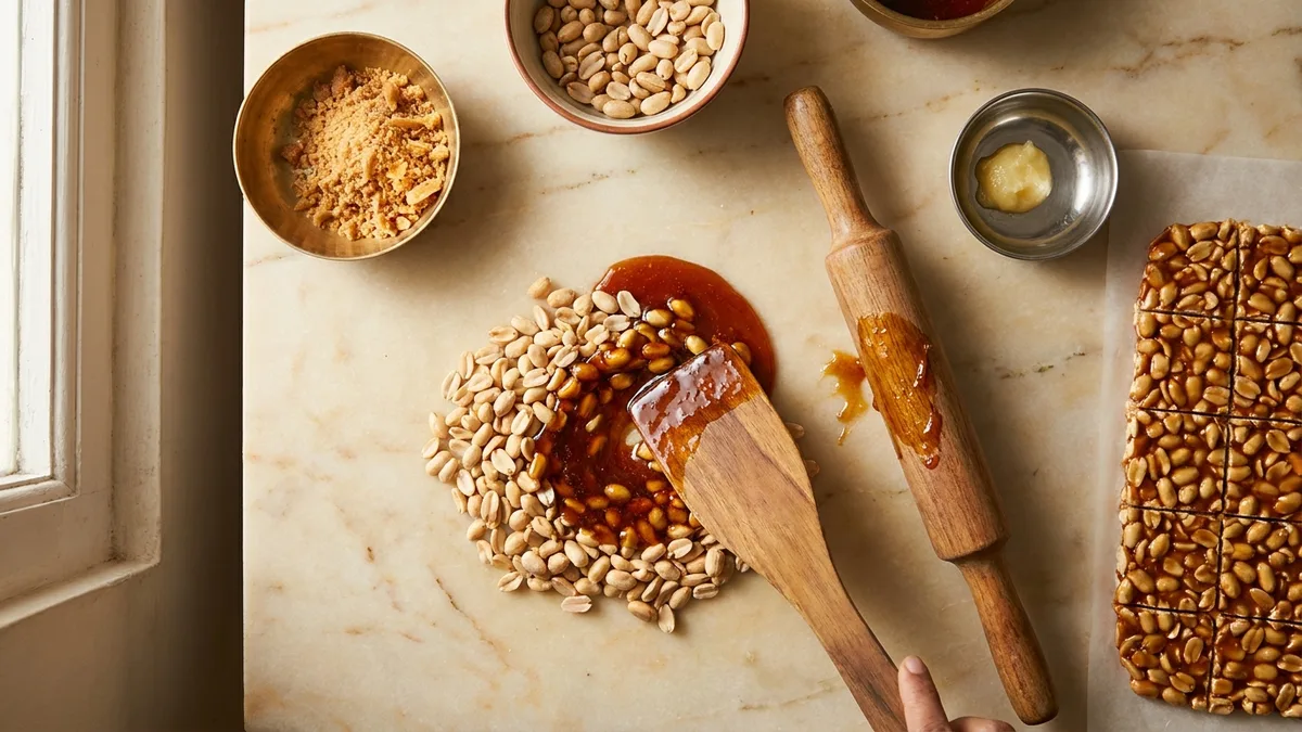 Freshly rolled peanut chikki being scored into rectangles on a greased slab with roasted groundnuts scattered alongside