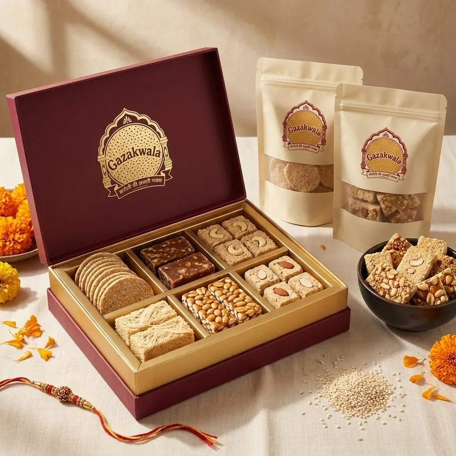 Assortment of Gazakwala gazak varieties — tilpatti, kaju gazak, chikki — arranged as a gifting flat-lay