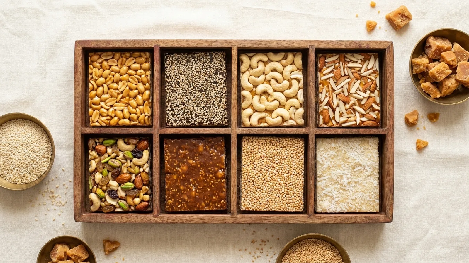 Eight types of chikki — peanut, til, kaju, badam, dry fruit, gud, rajgira and coconut chikki on a wooden tray